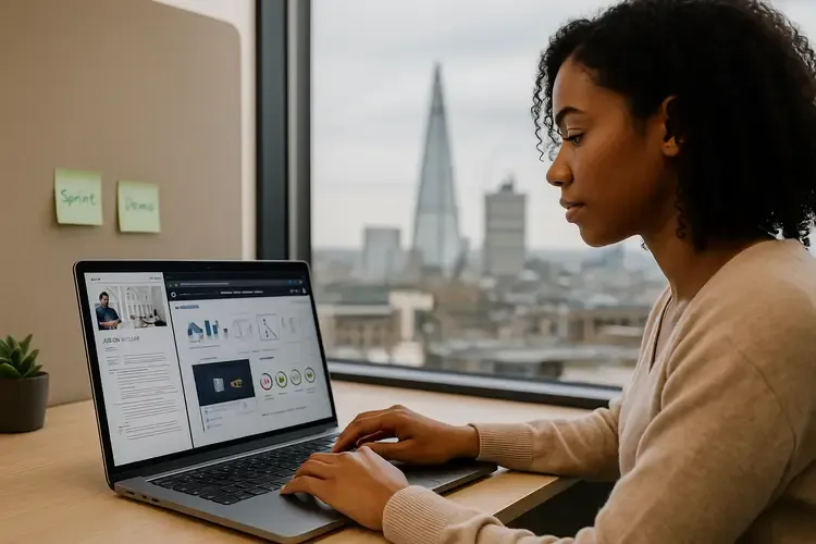 Young professional reviewing a résumé and GitHub dashboard on a laptop in a London office with The Shard in view—illustrating UK junior tech interview preparation.